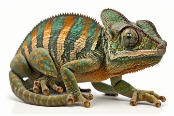 Naklejka premium In front of a white backdrop, an 18 month old Furcifer pardalis chameleon displays its distinctive ambilobe pattern. Generative AI