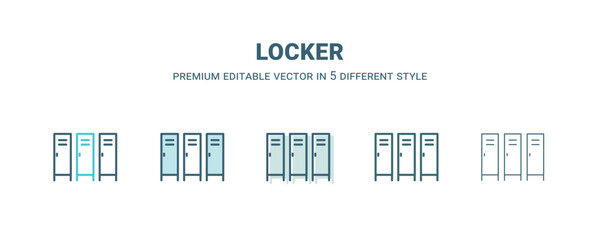 locker icon in 5 different style. Outline, filled, two color, thin locker icon isolated on white background. Editable vector can be used web and mobile