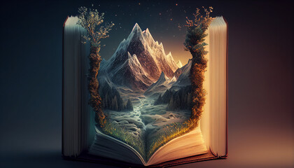 The Mythical Book of Legends: A Breathtaking Natural Landscape with Mountain Peaks, Rocky Outcroppings, and Meandering Rivers.. Generative Ai