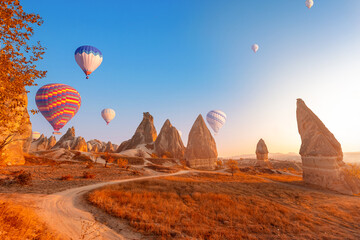 Fototapeta na wymiar Panorama Landscape autumn Valley of Love in Cappadocia with sunset. Concept travel Goreme Turkey