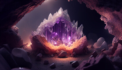 Glowing Amethyst Cave with Quartz Crystals in a Magical Nature Scene. Generative Ai
