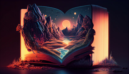 A Fantastical Book of Wonder: An Idyllic Natural Landscape with Towering Mountains, Rocky Cliffs, and Babbling Rivers. Generative Ai