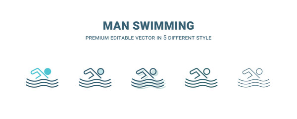 man swimming icon in 5 different style. Outline, filled, two color, thin man swimming icon isolated on white background. Editable vector can be used web and mobile