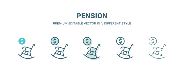 pension icon in 5 different style. Outline, filled, two color, thin pension icon isolated on white background. Editable vector can be used web and mobile