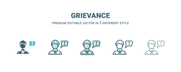 grievance icon in 5 different style. Outline, filled, two color, thin grievance icon isolated on white background. Editable vector can be used web and mobile