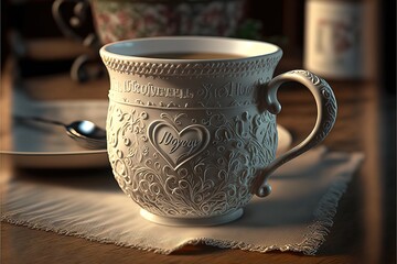 Antique ceramic cup on a Table. Generative AI