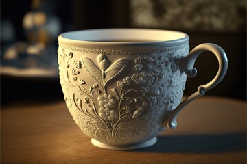 Antique ceramic cup on a Table. Generative AI