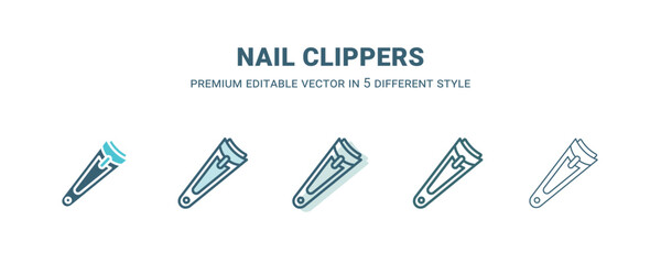 nail clippers icon in 5 different style. Outline, filled, two color, thin nail clippers icon isolated on white background. Editable vector can be used web and mobile