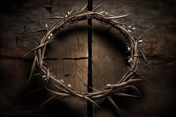 On a dark wooden background, a crown of thorns stands out. Generative AI