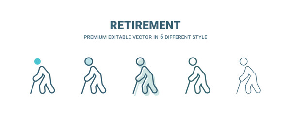 retirement icon in 5 different style. Outline, filled, two color, thin retirement icon isolated on white background. Editable vector can be used web and mobile