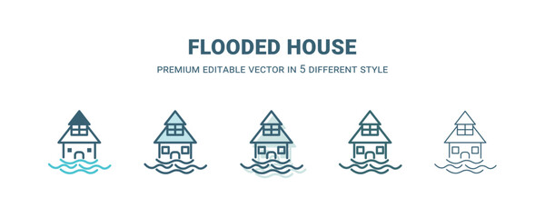 flooded house icon in 5 different style. Outline, filled, two color, thin flooded house icon isolated on white background. Editable vector can be used web and mobile