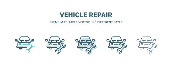 vehicle repair icon in 5 different style. Outline, filled, two color, thin vehicle repair icon isolated on white background. Editable vector can be used web and mobile