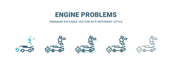 engine problems icon in 5 different style. Outline, filled, two color, thin engine problems icon isolated on white background. Editable vector can be used web and mobile