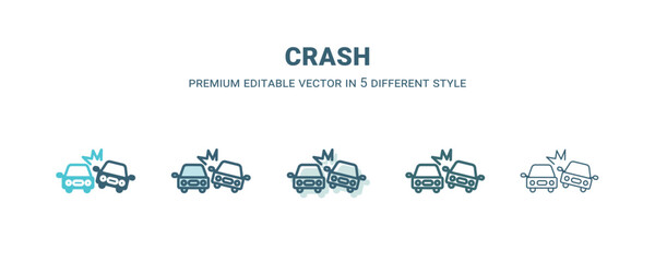 crash icon in 5 different style. Outline, filled, two color, thin crash icon isolated on white background. Editable vector can be used web and mobile