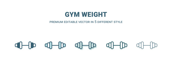 gym weight icon in 5 different style. Outline, filled, two color, thin gym weight icon isolated on white background. Editable vector can be used web and mobile