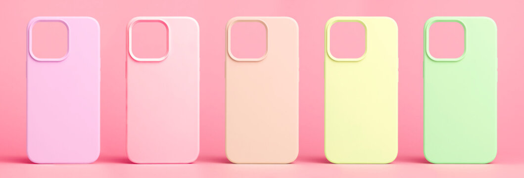 Set Of Five Back Covers For Mobile Phone In Different Colors Isolated On Pink Background, Phone Case Mock Up For IPhone 13 Pro Max And 14 Plus