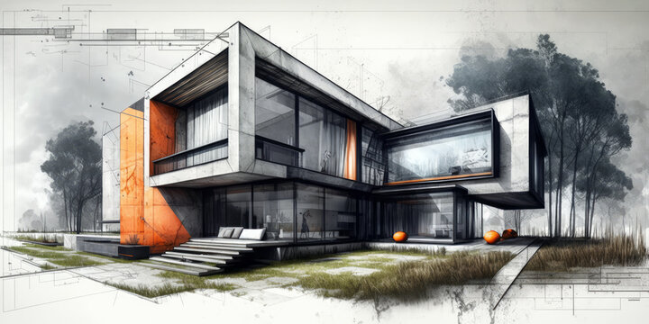 Sketch of luxury modern villa, International architecture