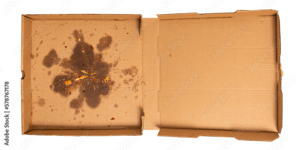 Wall mural open empty greasy pizza box isolated on white