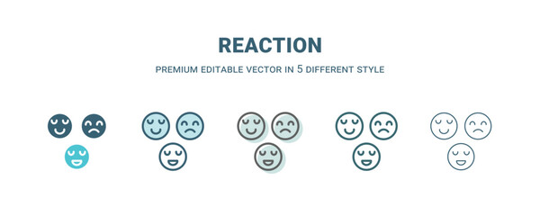 reaction icon in 5 different style. Outline, filled, two color, thin reaction icon isolated on white background. Editable vector can be used web and mobile