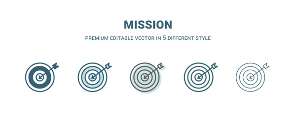 mission icon in 5 different style. Outline, filled, two color, thin mission icon isolated on white background. Editable vector can be used web and mobile