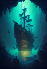 Sunken pirate ship. AI generated