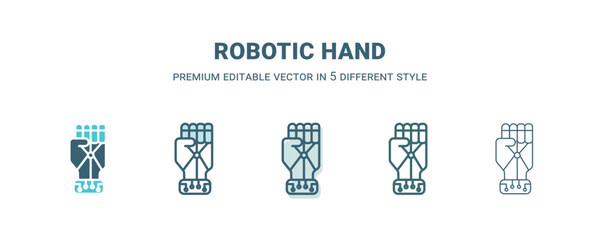 robotic hand icon in 5 different style. Outline, filled, two color, thin robotic hand icon isolated on white background. Editable vector can be used web and mobile