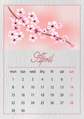 april,Simple european 2024 year vector calendar