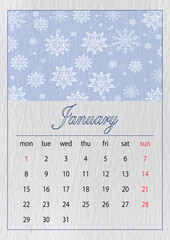 Simple european 2024 year vector calendar,January