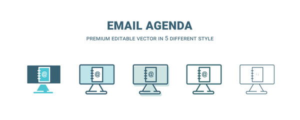 email agenda icon in 5 different style. Outline, filled, two color, thin email agenda icon isolated on white background. Editable vector can be used web and mobile