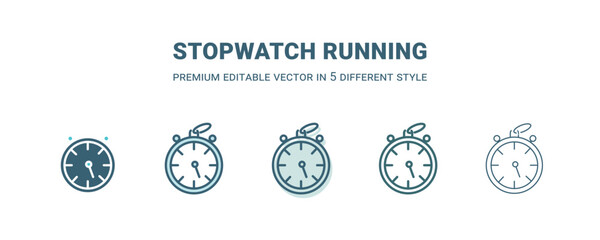 stopwatch running icon in 5 different style. Outline, filled, two color, thin stopwatch running icon isolated on white background. Editable vector can be used web and mobile