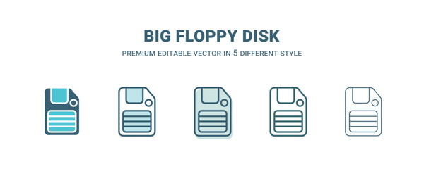 big floppy disk icon in 5 different style. Outline, filled, two color, thin big floppy disk icon isolated on white background. Editable vector can be used web and mobile