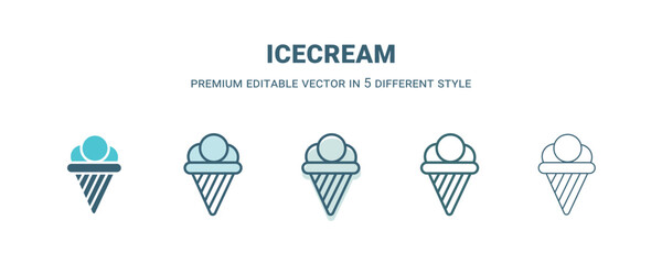 icecream icon in 5 different style. Outline, filled, two color, thin icecream icon isolated on white background. Editable vector can be used web and mobile