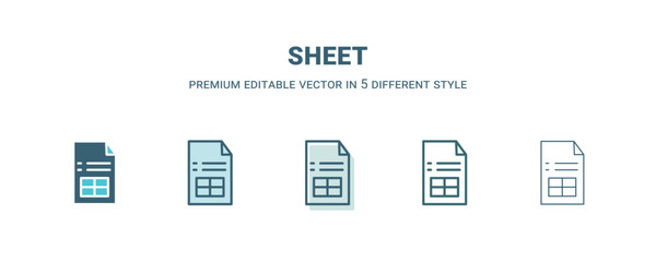sheet icon in 5 different style. Outline, filled, two color, thin sheet icon isolated on white background. Editable vector can be used web and mobile