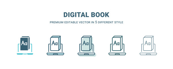 digital book icon in 5 different style. Outline, filled, two color, thin digital book icon isolated on white background. Editable vector can be used web and mobile