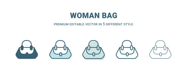 woman bag icon in 5 different style. Outline, filled, two color, thin woman bag icon isolated on white background. Editable vector can be used web and mobile