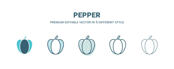pepper icon in 5 different style. Outline, filled, two color, thin pepper icon isolated on white background. Editable vector can be used web and mobile