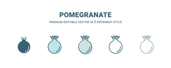 pomegranate icon in 5 different style. Outline, filled, two color, thin pomegranate icon isolated on white background. Editable vector can be used web and mobile