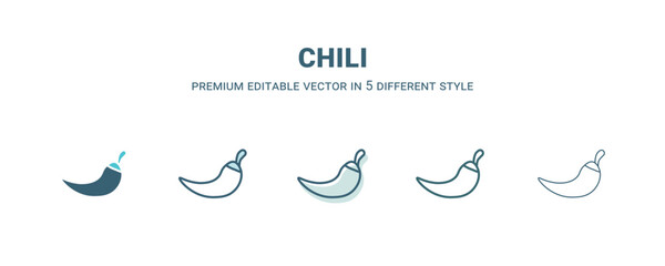 chili icon in 5 different style. Outline, filled, two color, thin chili icon isolated on white background. Editable vector can be used web and mobile