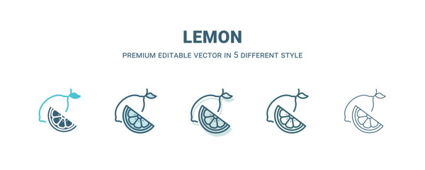 Fototapeta na wymiar lemon icon in 5 different style. Outline, filled, two color, thin lemon icon isolated on white background. Editable vector can be used web and mobile