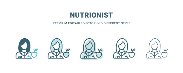 nutrionist icon in 5 different style. Outline, filled, two color, thin nutrionist icon isolated on white background. Editable vector can be used web and mobile