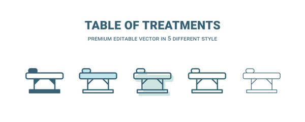 table of treatments icon in 5 different style. Outline, filled, two color, thin table of treatments icon isolated on white background. Editable vector can be used web and mobile