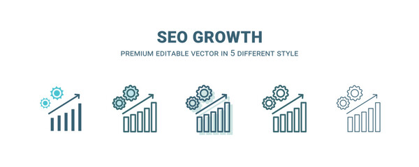 seo growth icon in 5 different style. Outline, filled, two color, thin seo growth icon isolated on white background. Editable vector can be used web and mobile