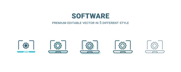 software icon in 5 different style. Outline, filled, two color, thin software icon isolated on white background. Editable vector can be used web and mobile