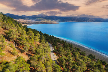 Aerial view Salda lake turquoise water, Turkey amazing travel landscape