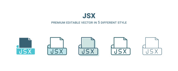 jsx icon in 5 different style. Outline, filled, two color, thin jsx icon isolated on white background. Editable vector can be used web and mobile