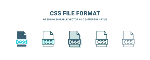 css file format icon in 5 different style. Outline, filled, two color, thin css file format icon isolated on white background. Editable vector can be used web and mobile