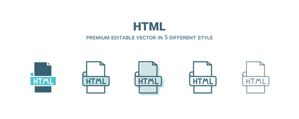 html icon in 5 different style. Outline, filled, two color, thin html icon isolated on white background. Editable vector can be used web and mobile