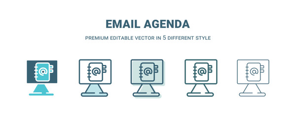 email agenda icon in 5 different style. Outline, filled, two color, thin email agenda icon isolated on white background. Editable vector can be used web and mobile