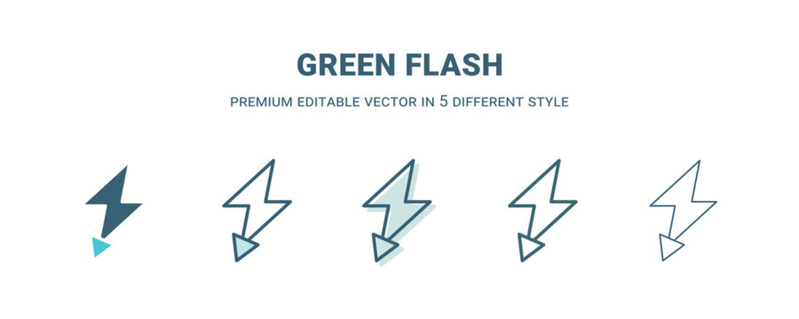 green flash icon in 5 different style. Outline, filled, two color, thin green flash icon isolated on white background. Editable vector can be used web and mobile