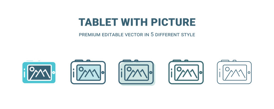 tablet with picture icon in 5 different style. Outline, filled, two color, thin tablet with picture icon isolated on white background. Editable vector can be used web and mobile